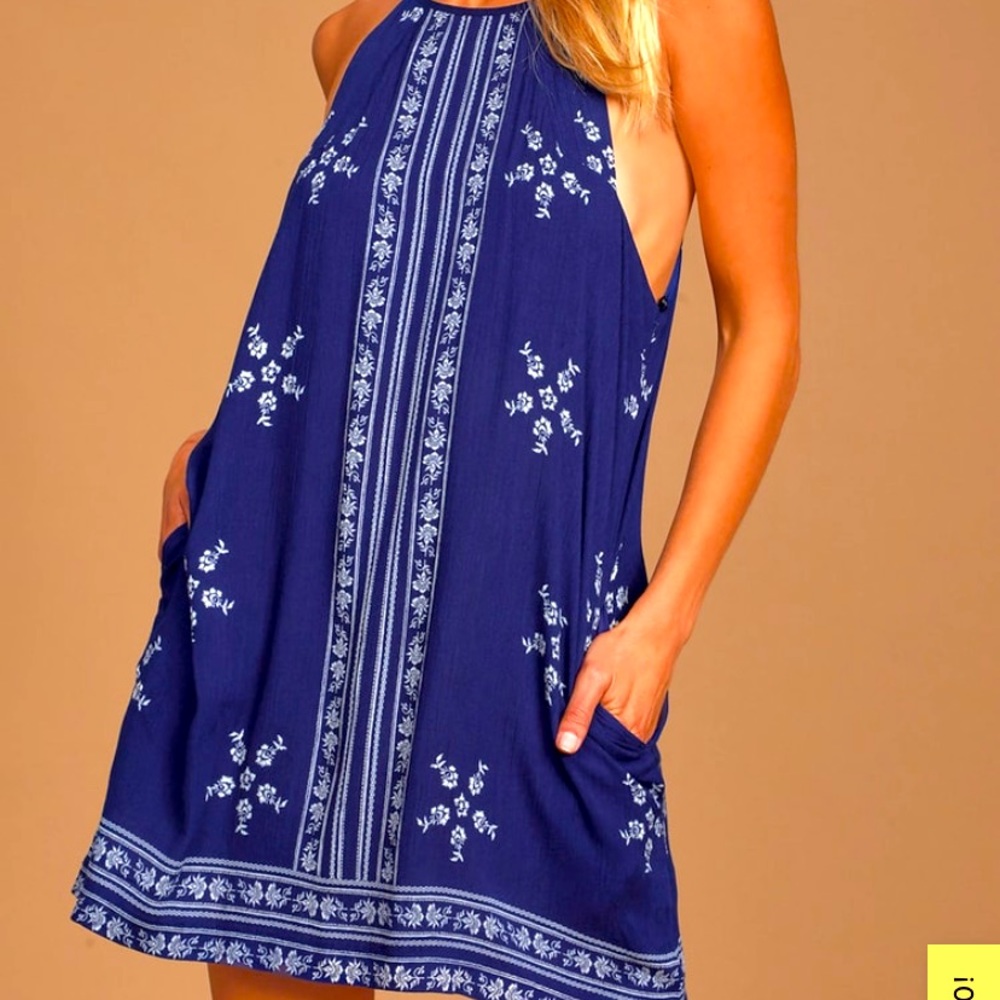 Lulus Mediterranean Sea Navy Blue Print Halter Dress